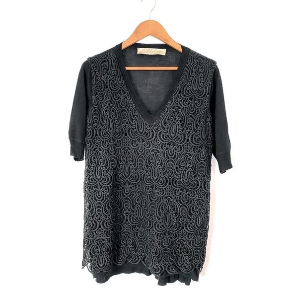 LELA ROSE EMBROIDERED V-NECK SHORT SLEEVE KNIT SWEATER Top - Picture 3 of 8